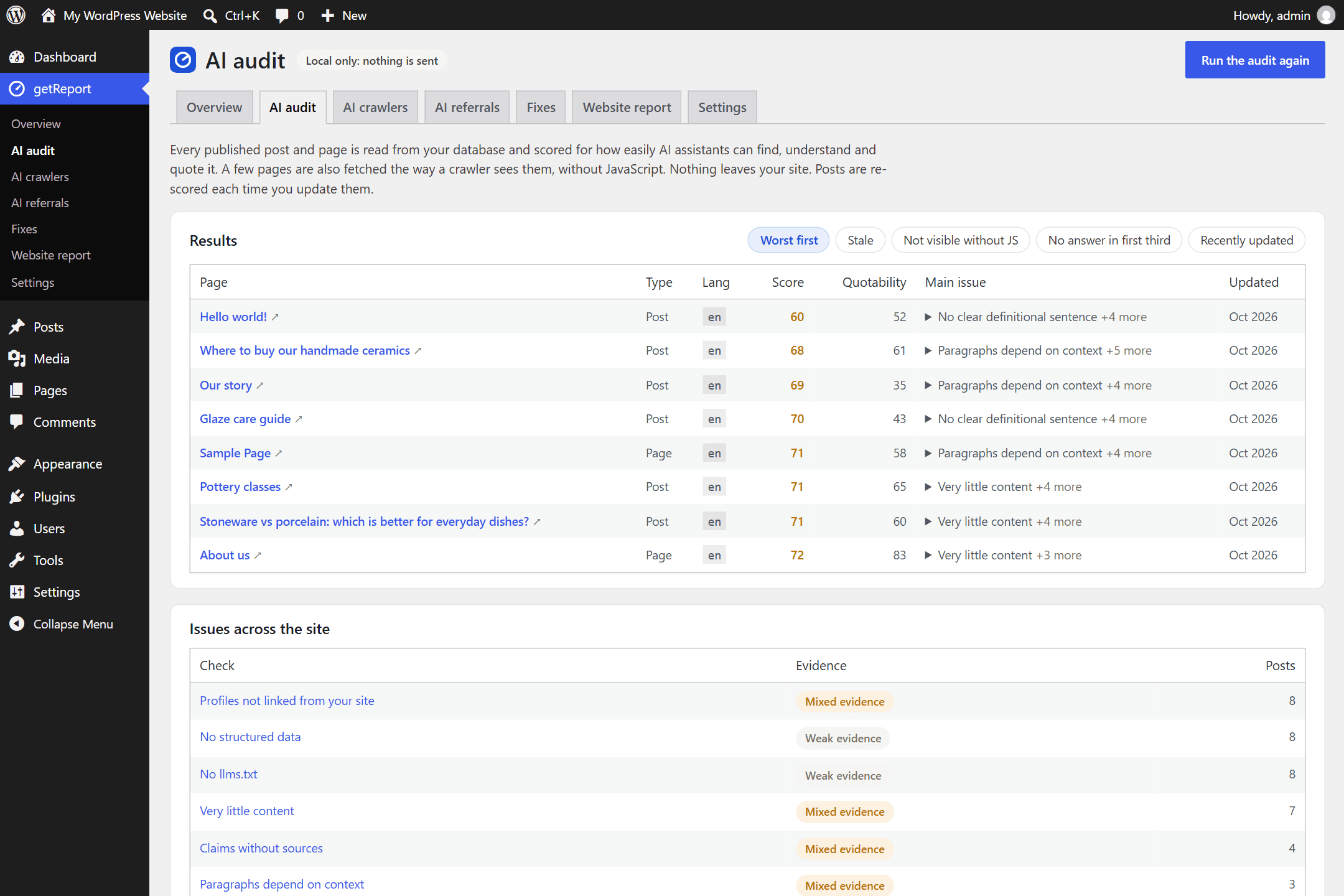The AI audit screen: posts sorted worst first, with score, quotability, main issue and date