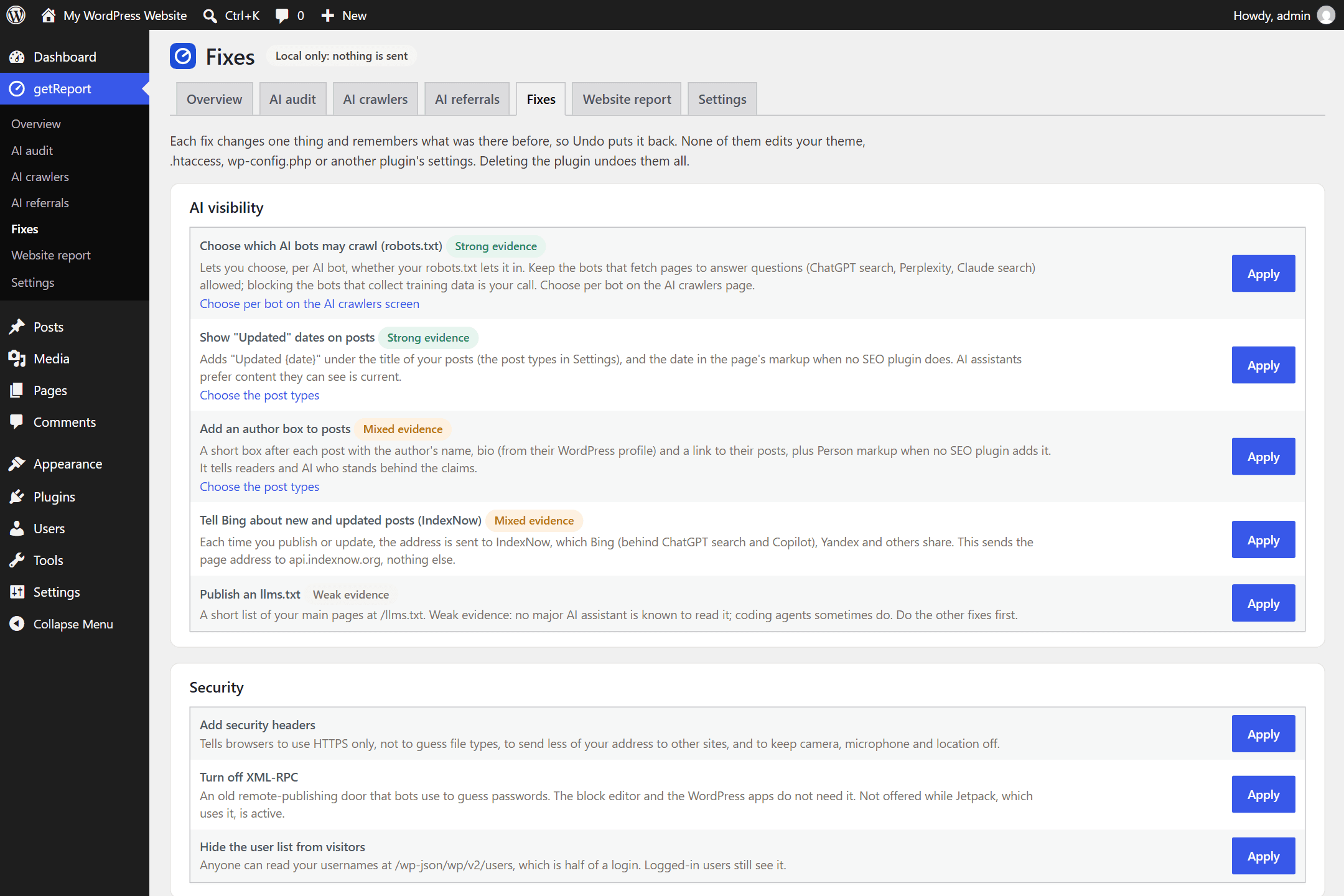 The Fixes screen: fixes grouped by area, each with its evidence label and an Apply or Undo button