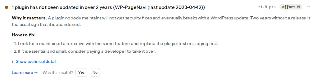 The abandoned plugin finding opened: the title says how many detected plugins have had no update in over two years and names them, the evidence line shows each plugin with its last-updated date from wordpress.org, followed by why an unmaintained plugin is a risk and the fix to find a maintained alternative