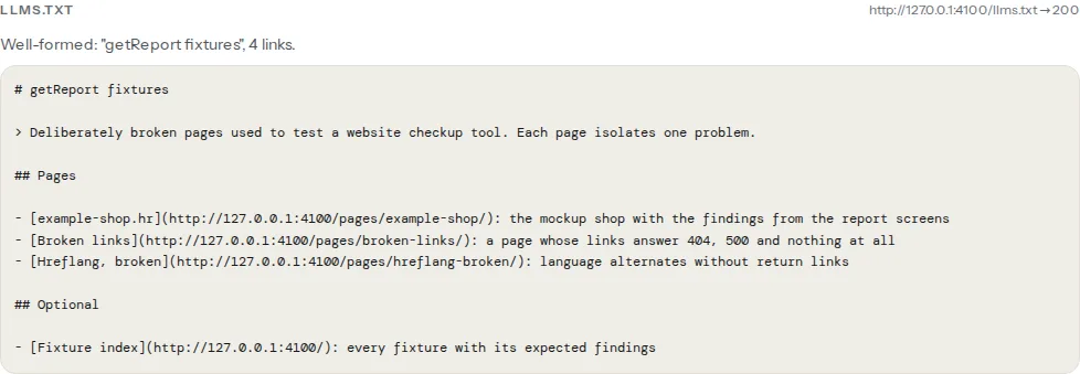 The llms.txt panel: the file's URL answering 200, the verdict "Well-formed" with the H1 title and the number of links, and an excerpt showing the H1, the blockquote summary and the first section of links