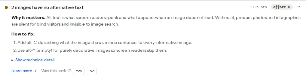 The image alt finding opened on a test page with deliberate violations: two images have no alternative text, costing 1.5 points at effort S, with the why text about screen readers and image search and the two-step fix for informative and decorative images