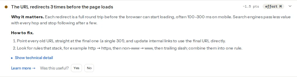 The redirect chain finding opened: the URL redirects 3 times before the page loads, with why each hop costs time and ranking value, the two fix steps and a link to the technical detail listing every hop