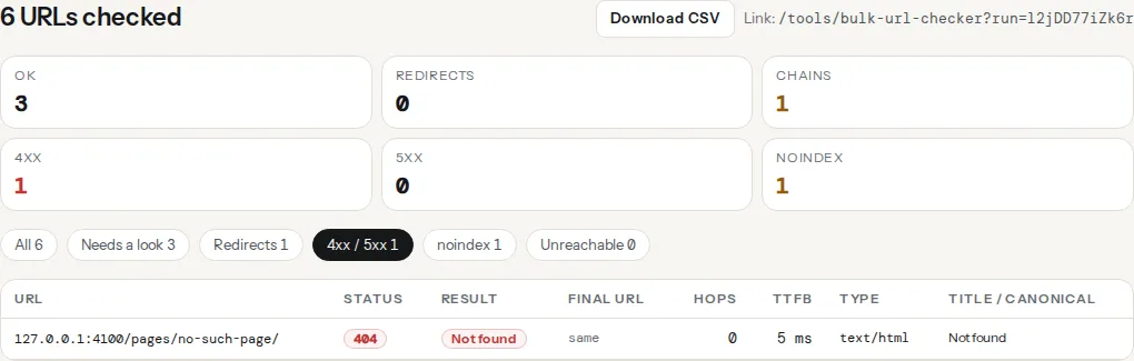 The same run filtered to 4xx / 5xx: the filter chip is active and the table lists only the row whose final status is 404