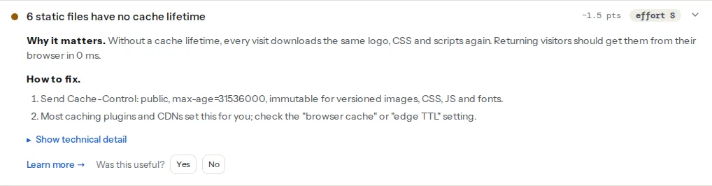 The cache headers finding opened: the count of static files without a cache lifetime and a list of stylesheets, scripts, images and fonts with the Cache-Control value each one sent, or none