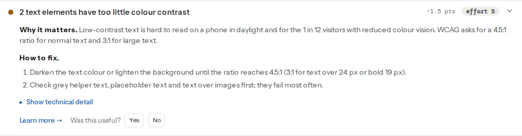 The contrast finding opened: the title counts the text elements below the required ratio, and the technical detail names the color-contrast rule and lists the CSS selectors of the affected elements
