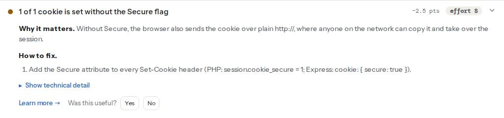 The cookie Secure finding listing the names of cookies that were set without the Secure flag, with the fix for PHP and Express underneath
