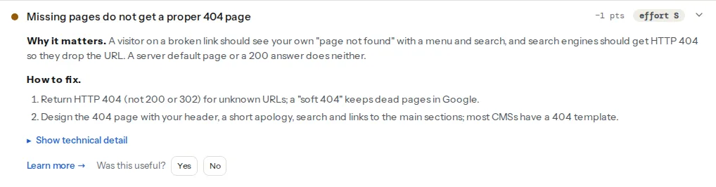 The custom 404 finding opened: "Missing pages do not get a proper 404 page" with an amber warning dot, the points it costs and effort S, then why it matters, the two fix steps and a collapsed technical detail