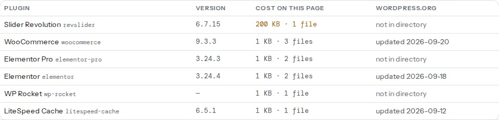 The detected plugins table on a Divi site: each plugin by name and slug, its version with the latest version beside it when they differ, its cost on this page in kilobytes and files, and its wordpress.org status; the theme itself is named in the detection line above the table