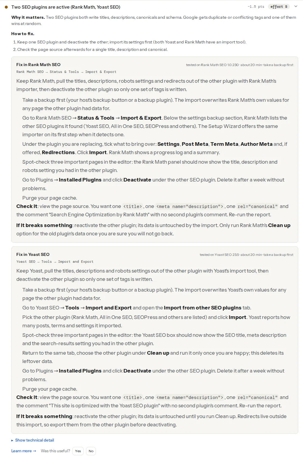 The duplicate SEO plugins finding opened on a WordPress page: the title names both plugins detected, followed by why conflicting tags let Google pick one at random and the fix to import settings into one plugin and deactivate the other