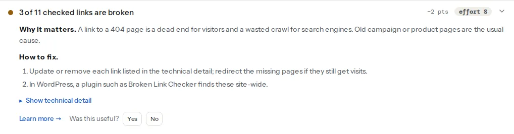 The broken-links finding opened, listing three links with their status and anchor text