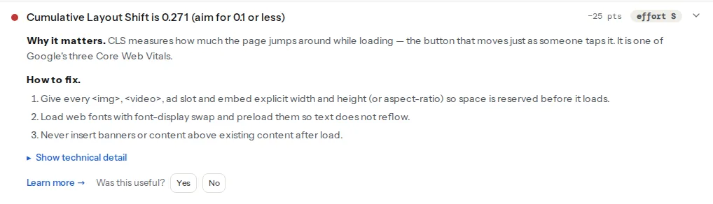 The CLS finding card from the speed test: Cumulative Layout Shift above the 0.1 target, flagged as a warning, with the three fixes for images, fonts and injected content