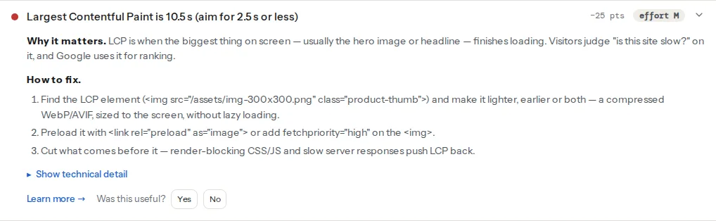The LCP finding card on a slow shop page: Largest Contentful Paint failing at around ten seconds, the hero image named as the LCP element, and the three fix steps