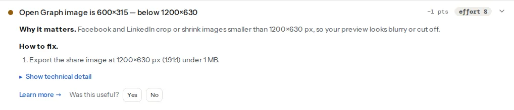The Open Graph image size finding opened: the title states the measured width and height of the share image against the 1200×630 recommendation, followed by why small images look blurry or cropped and the one-line fix to export at 1200×630