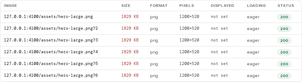 The images table for a page with heavy images: each file with its size in KB, its pixel dimensions and the displayed size, with an oversized chip on the ones served at more than twice their slot and a heavy chip on the ones over 300 KB
