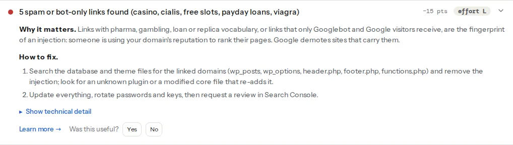 The spam links finding opened: pharma and casino links, each marked "googlebot only", with anchor text and the external URL they point to