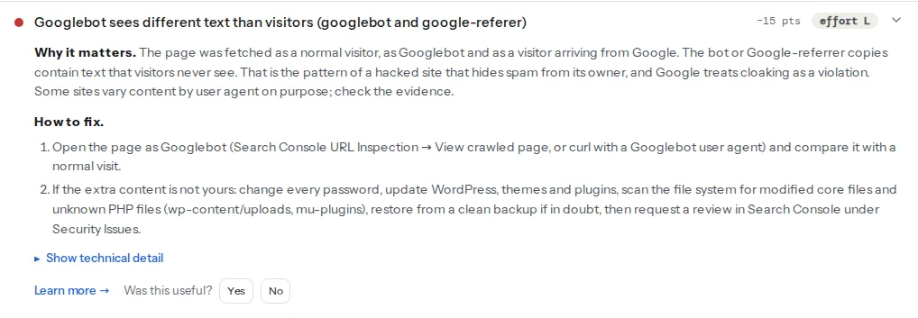 The cloaking finding opened on a hacked WordPress fixture: the Googlebot fetch contains text in another script and words the visitor page does not have, with the evidence line quoting the foreign text