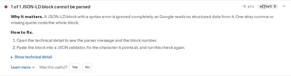 The JSON-LD parse finding on a page with a broken script block: the title says one block cannot be parsed, and the detail names the block number and the parser message with the position of the error