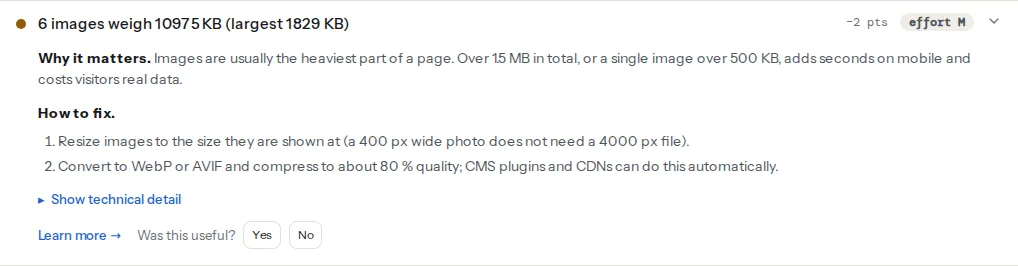 The image weight finding on a page with more than twenty heavy images: the total image weight well over the 1.5 MB threshold, the largest file named, and the fix steps