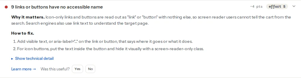 The link names finding opened on a page with icon-only controls: the title gives the number of links and buttons without an accessible name, the why explains what a screen reader announces, and the evidence lists each element's selector such as a.cart-icon and button.search-toggle