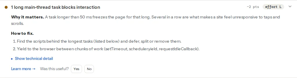 The long tasks finding opened: how many tasks over 50 ms the run found and their total duration, the why-it-matters text, the fix list, and the technical line naming each script with the milliseconds of its task