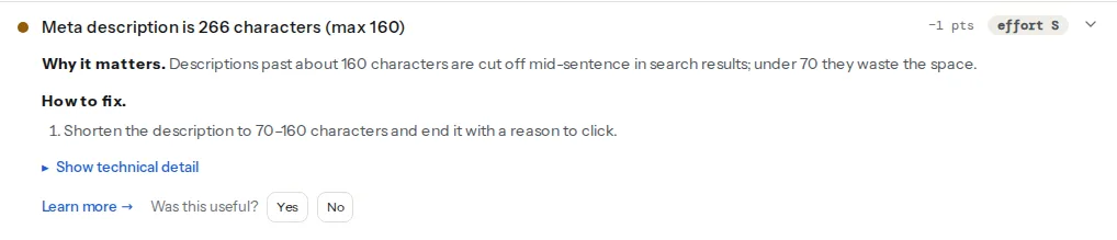 The meta description length finding opened on a page whose description runs past 250 characters: the count in the finding title, the why text, the fix, and the evidence line quoting the description in full