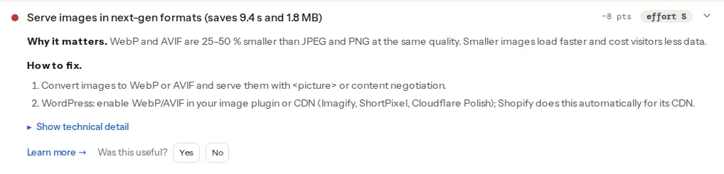 The "Serve images in next-gen formats" finding opened: the title with the kilobytes it would save, the Why it matters and How to fix text, and the technical line naming each PNG and JPEG file with its potential saving
