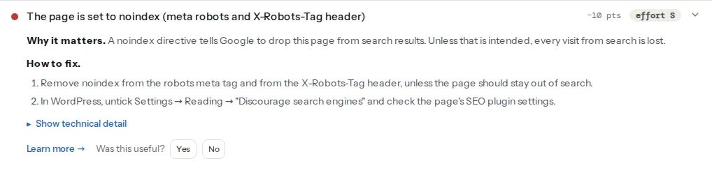 The "page is set to noindex" finding on a page carrying a robots meta tag with noindex: the failure title naming the meta robots source, why it matters, the fix including the WordPress setting, and the evidence line quoting the tag