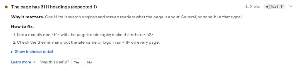The "more than one H1" finding card on a page with two H1 headings: the title with the count, the explanation, the fix steps and the two headings listed by their text
