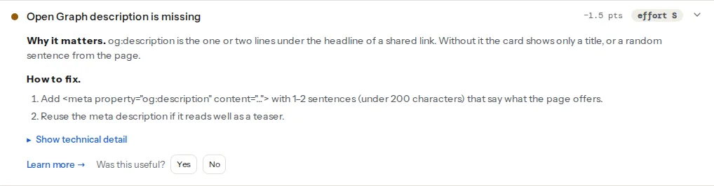 The og:description finding opened on a page without social tags: the warning title, a why-it-matters paragraph, two numbered fix steps (add the tag with one or two sentences under 200 characters, or reuse the meta description) and a technical-detail toggle