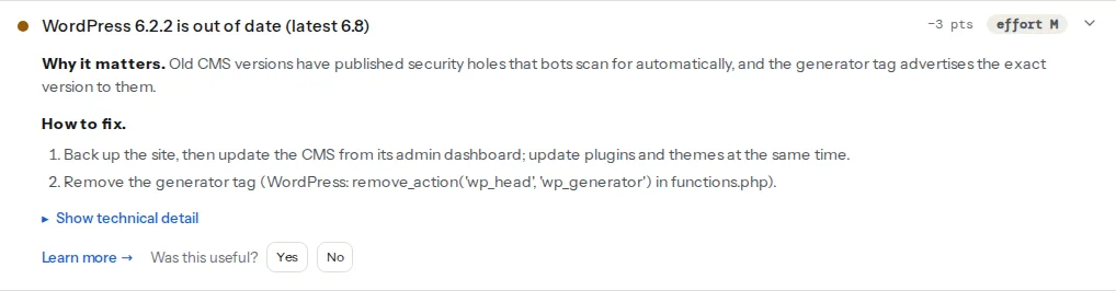 The outdated CMS version finding opened on a WordPress site: the title names the version found and the latest release, the evidence line quotes the generator meta tag, and the fix says to back up and update core, plugins and themes together