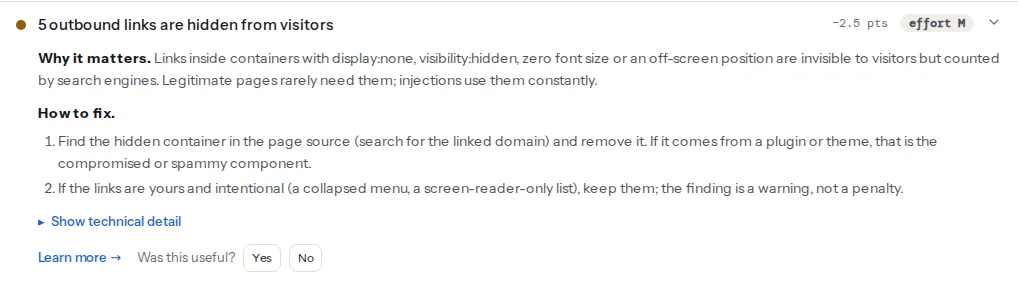 The hidden links finding opened on a hacked WordPress fixture: a list of outbound links placed inside an off-screen container, each with its anchor text and the pharma or casino domain it points at