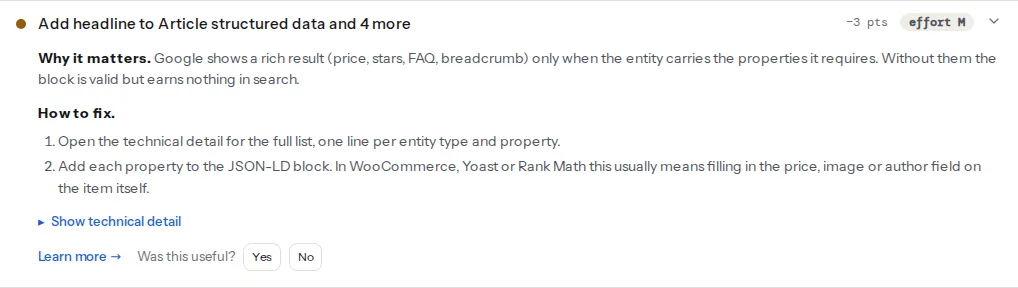 The required properties finding on a product page whose Product block has no offers: the title names the missing property and the Product type, and the detail lists each gap as type and property