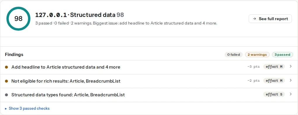 The structured data panel of a report on a recipe page: the types detected, the JSON-LD parse result, and the required-properties finding with any missing property listed one per line