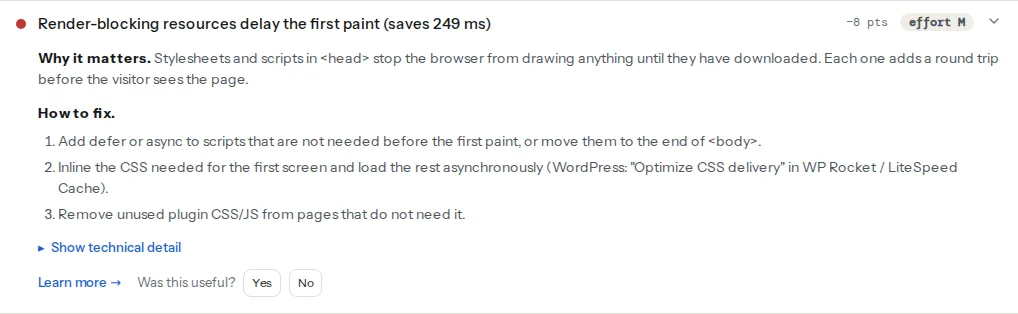 The render-blocking finding card in a speed test result: the title with the estimated savings in milliseconds, the explanation, three fix steps and the list of blocking files