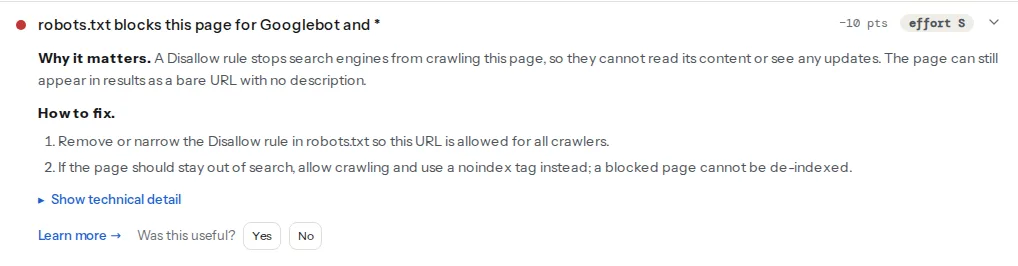 The "robots.txt blocks this page" finding opened: the matching Disallow rule with its line number, the agents it applies to, why a blocked page still can appear in results, and the fix