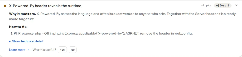The X-Powered-By finding opened on a page whose server announces PHP: the finding title, the evidence line reading x-powered-by: PHP/7.2.24, the explanation of why a runtime version is a target list, and the fix lines for PHP, Express and ASP.NET