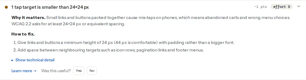 The target size finding opened: the title gives the number of tap targets smaller than 24 × 24 px, the why text, the two fix lines and a list of CSS selectors under the technical detail