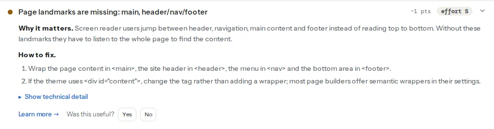 The landmarks finding on a page without main or navigation landmarks: the title names what is missing and the technical line counts the main, header, nav and footer elements found