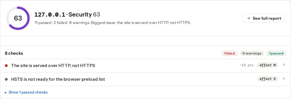The TLS result panel of the SSL / TLS checker with the protocol version row: the negotiated protocol and cipher, whether a TLS 1.0/1.1 handshake was accepted, the certificate chain result and the HSTS row, each marked pass, warn or fail