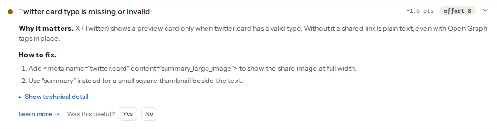 The Twitter card finding opened on a page with Open Graph tags but no twitter:card: the missing card type, the explanation that X shows no card without it, and the fix with the summary_large_image tag to add