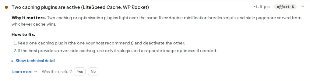 The duplicate caching plugins finding opened on a WooCommerce page: the title names the two caching plugins detected, then why two caches fight over the same files and the fix to keep the one the host recommends