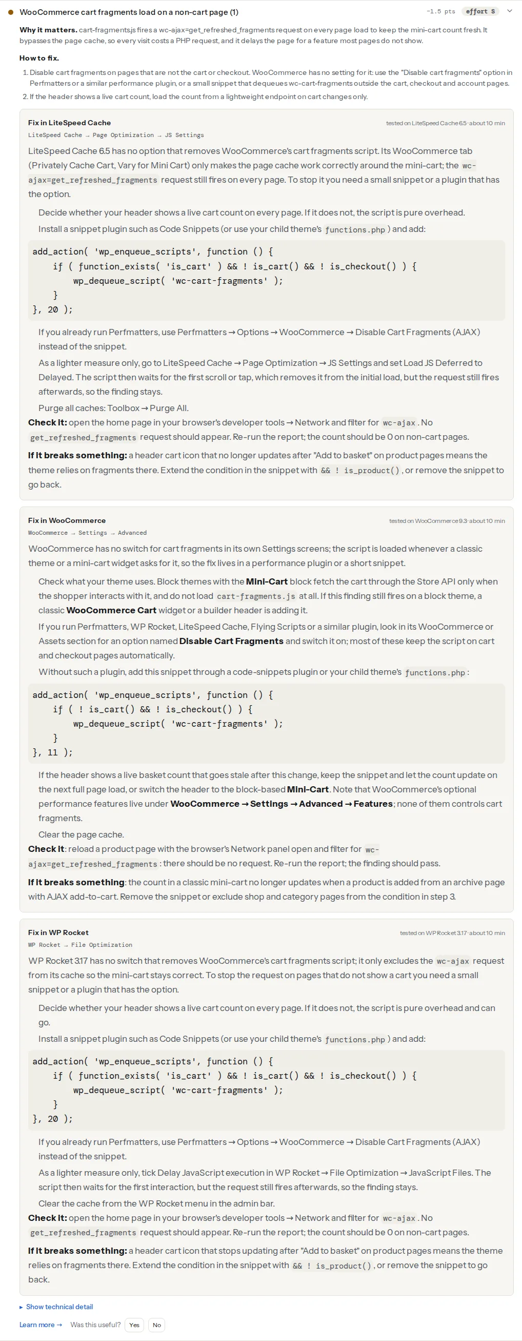 The cart fragments finding opened on a WooCommerce product page: the title says cart fragments load on a non-cart page with the count found, the evidence lists the cart-fragments.min.js script URL and the wc-ajax=get_refreshed_fragments request, followed by why it bypasses the page cache and the fix