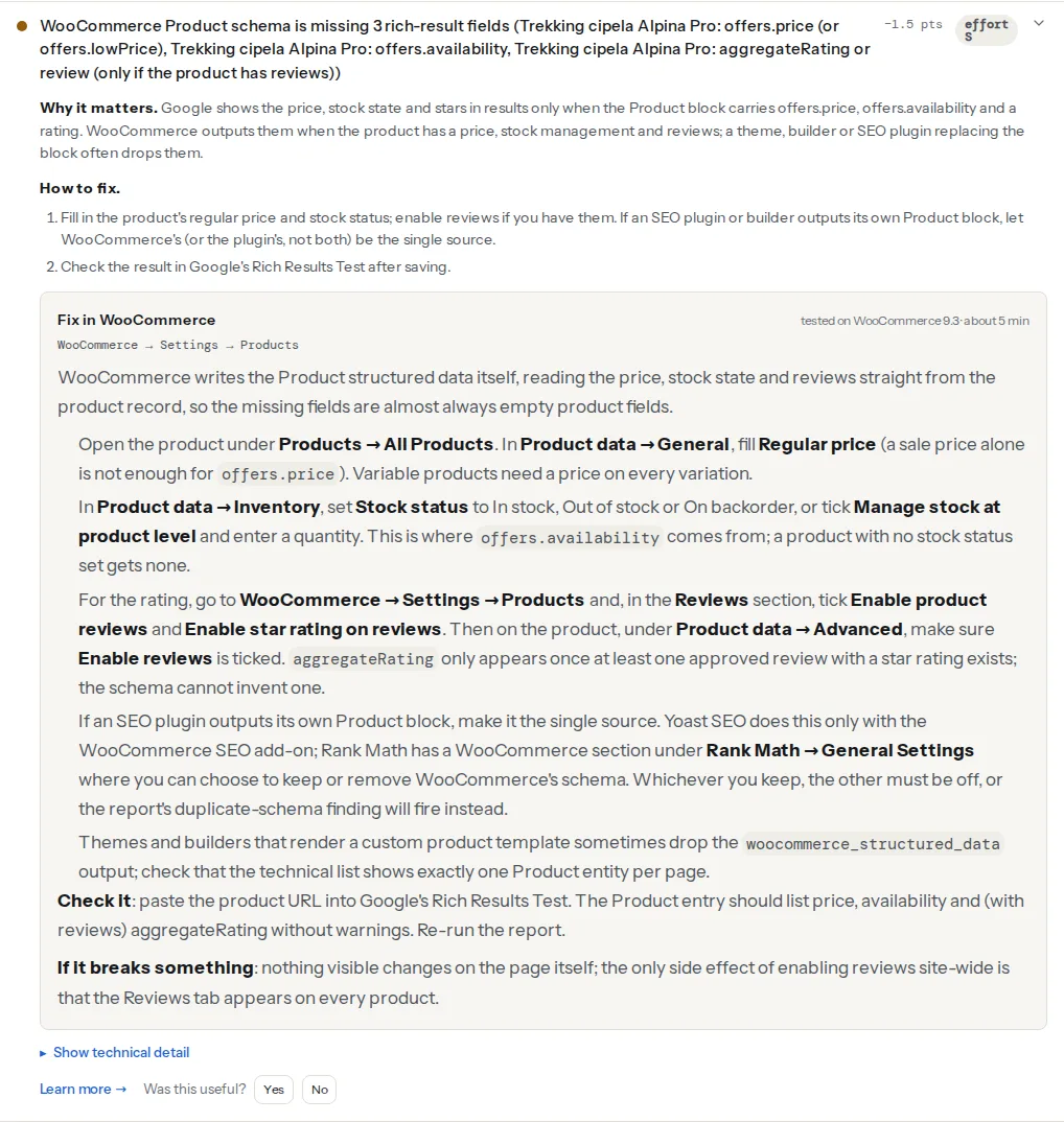The WooCommerce product schema finding opened on a product page: the title counts the missing rich-result fields, the detail names the product and the missing offers.availability, and the fix points to the stock status field