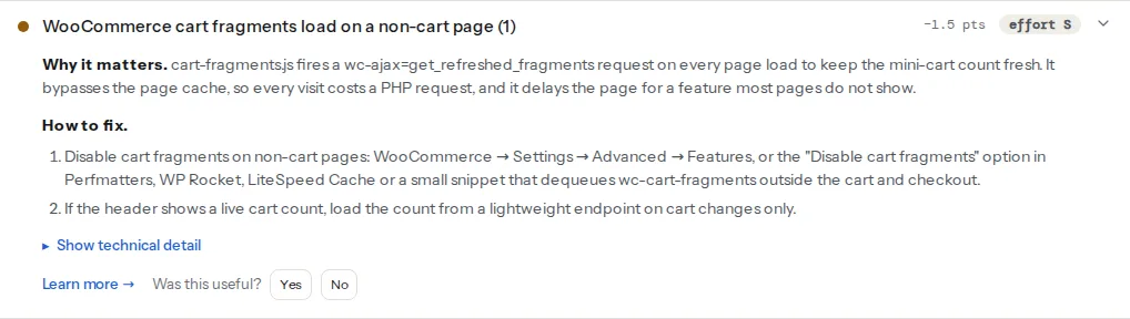 The cart fragments finding: title with the number of scripts and requests found, why it slows every page, the fix, and the cart-fragments.js URL and the wc-ajax=get_refreshed_fragments request as evidence