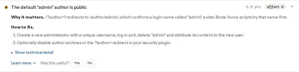 The exposed admin author finding on a WordPress site whose /?author=1 redirects to /author/admin/, explaining that the redirect confirms a login name brute-force scripts try first, with the fix steps and the evidence line naming the redirect target