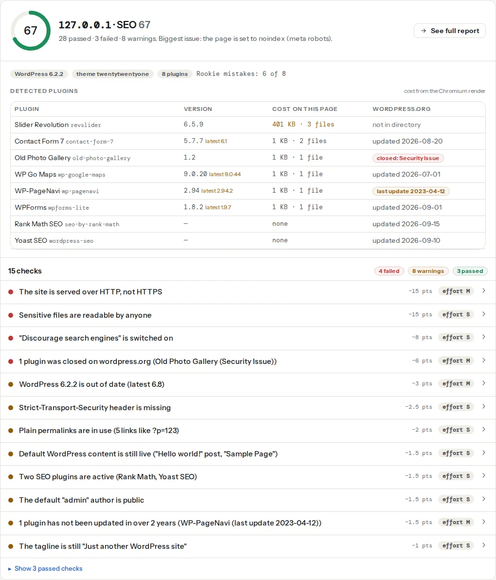 The WordPress health check result for a freshly launched site: the rookie mistakes list with attachment pages flagged among the default content, tagline and permalink findings, each with its fix