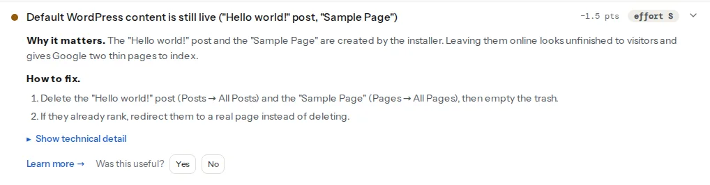 The default WordPress content finding on a site where /hello-world/ and /sample-page/ both answer HTTP 200, listing the "Hello world!" post and the "Sample Page" as still live, with the fix steps