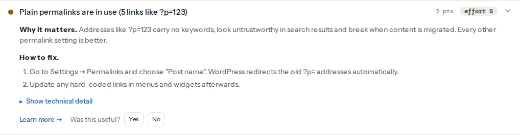 The plain permalinks finding card on a WordPress site whose menu links end in /?p= and /?page_id=, with the fix pointing to Settings → Permalinks and the evidence line listing the links it found