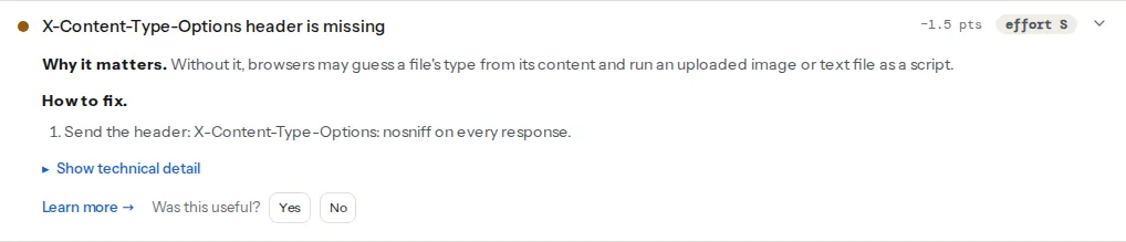 The X-Content-Type-Options finding opened on a page with no security headers: the header shown as absent, the explanation of MIME sniffing, and the one-line fix for the server
